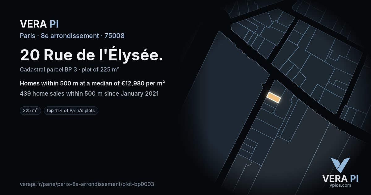 20 Rue de l'Élysée, 8e arrondissement at night – the plot lit, the parcels around coloured by the prices near them