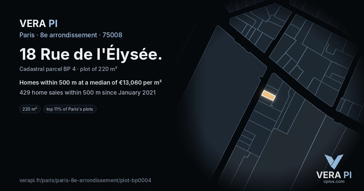 18 Rue de l'Élysée, 8e arrondissement at night – the plot lit, the parcels around coloured by the prices near them