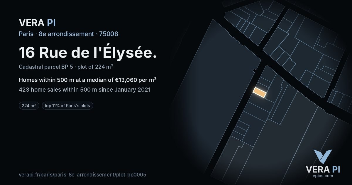 16 Rue de l'Élysée, 8e arrondissement at night – the plot lit, the parcels around coloured by the prices near them