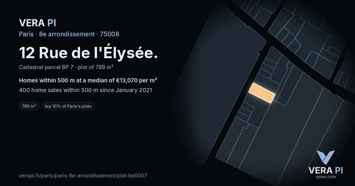 12 Rue de l'Élysée, 8e arrondissement at night – the plot lit, the parcels around coloured by the prices near them