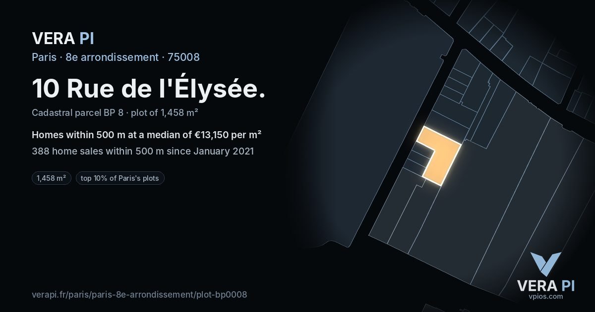 10 Rue de l'Élysée, 8e arrondissement at night – the plot lit, the parcels around coloured by the prices near them