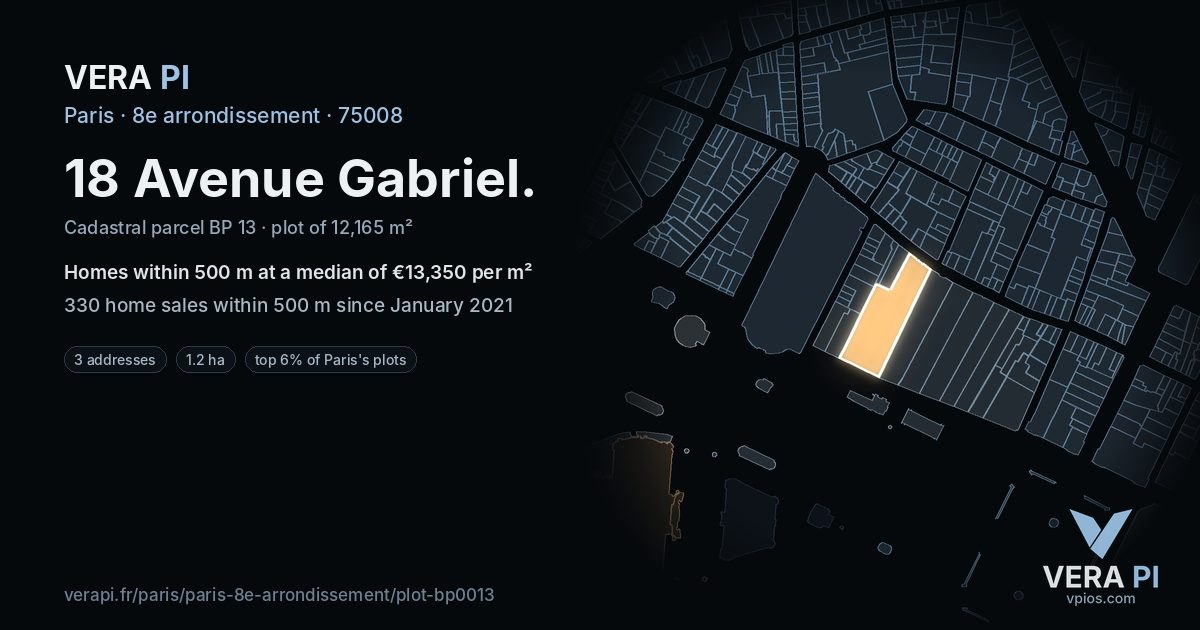 18 Avenue Gabriel, 8e arrondissement at night – the plot lit, the parcels around coloured by the prices near them