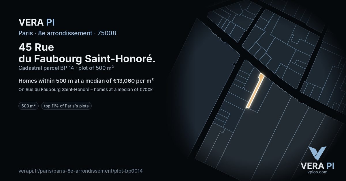 45 Rue du Faubourg Saint-Honoré, 8e arrondissement at night – the plot lit, the parcels around coloured by the prices near them