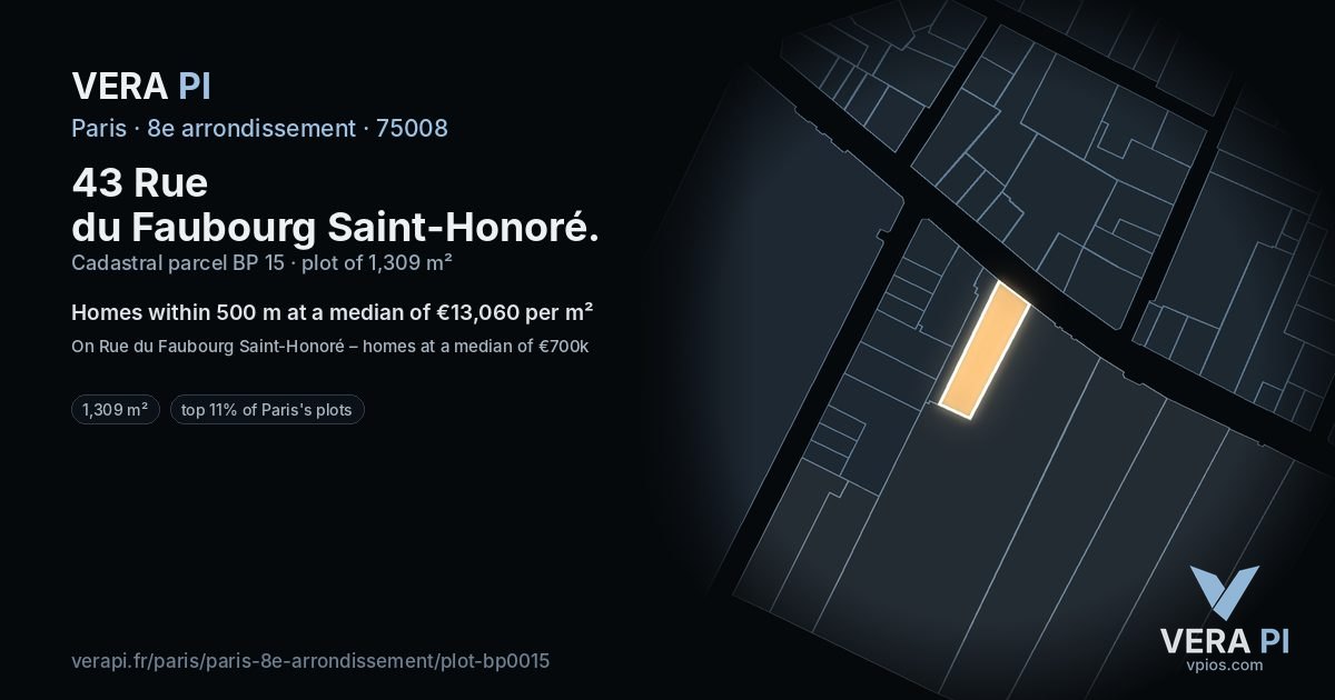 43 Rue du Faubourg Saint-Honoré, 8e arrondissement at night – the plot lit, the parcels around coloured by the prices near them