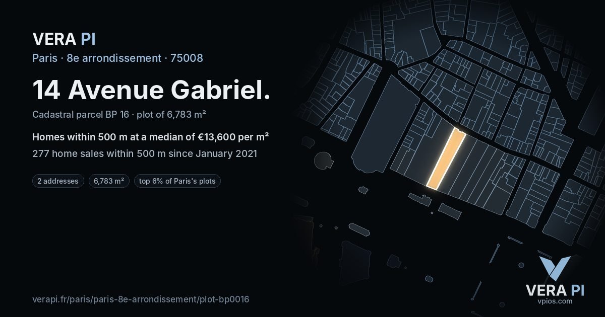 14 Avenue Gabriel, 8e arrondissement at night – the plot lit, the parcels around coloured by the prices near them