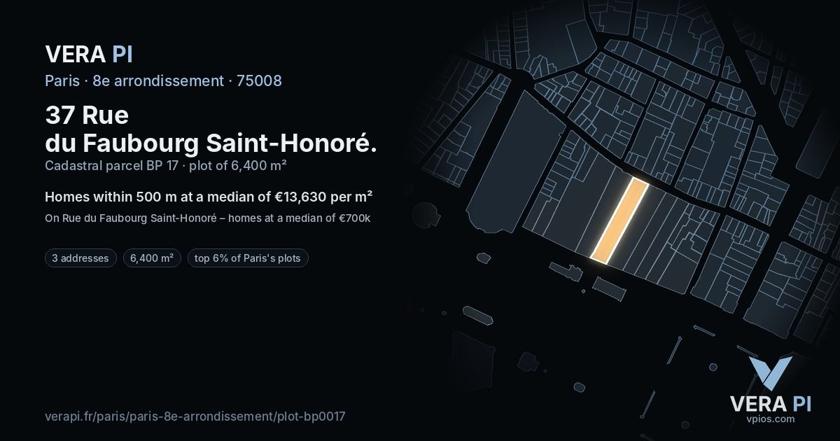 37 Rue du Faubourg Saint-Honoré, 8e arrondissement at night – the plot lit, the parcels around coloured by the prices near them