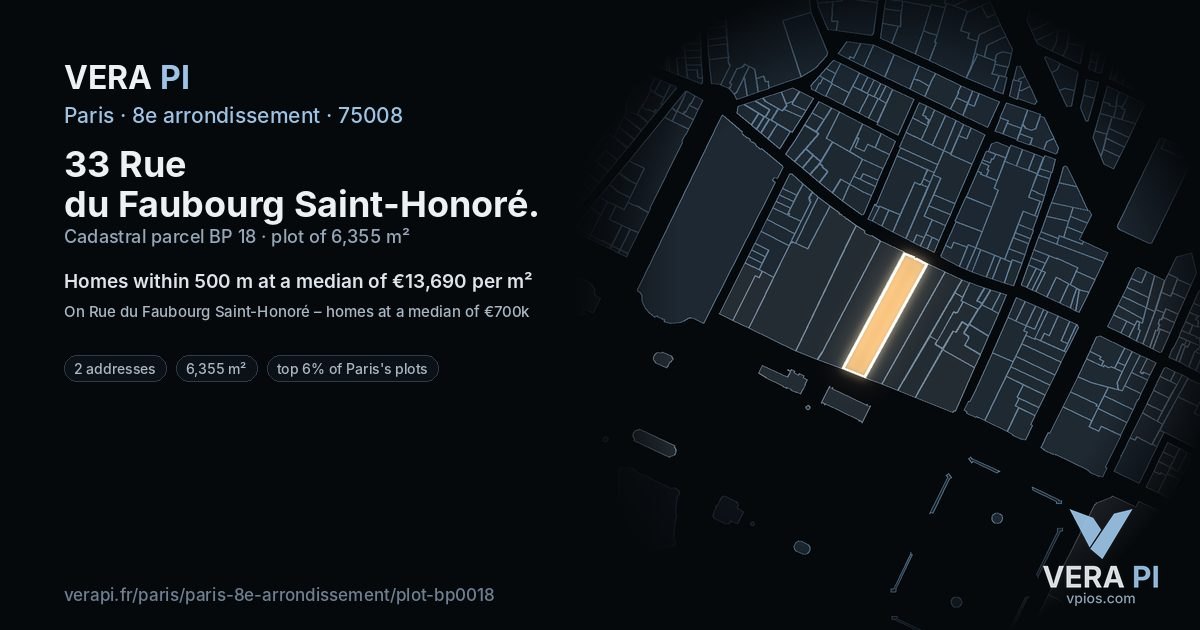 33 Rue du Faubourg Saint-Honoré, 8e arrondissement at night – the plot lit, the parcels around coloured by the prices near them