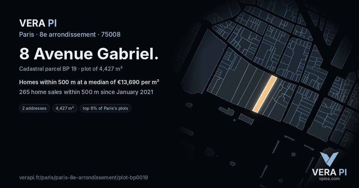 8 Avenue Gabriel, 8e arrondissement at night – the plot lit, the parcels around coloured by the prices near them
