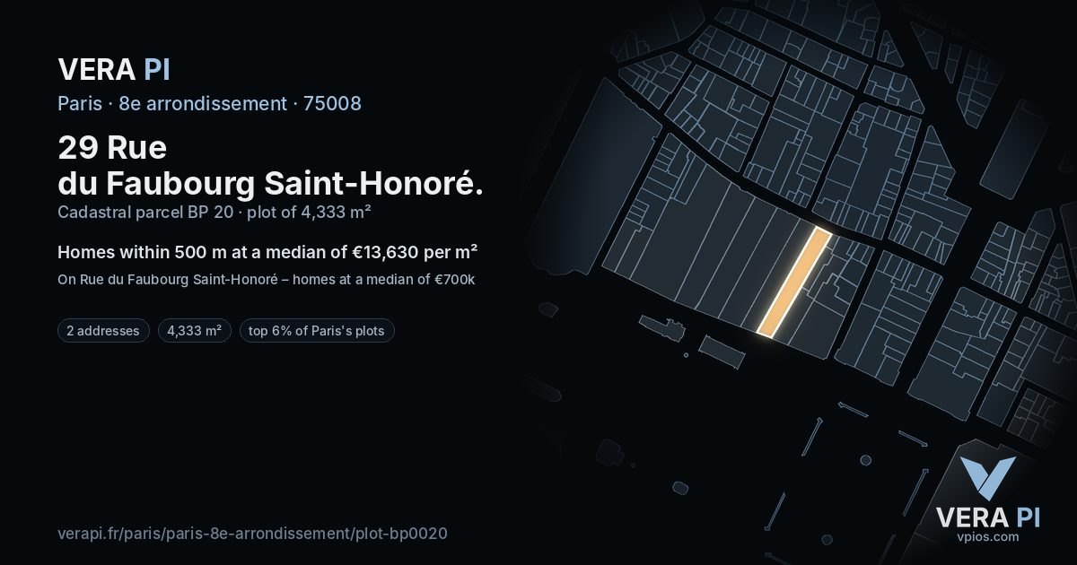 29 Rue du Faubourg Saint-Honoré, 8e arrondissement at night – the plot lit, the parcels around coloured by the prices near them