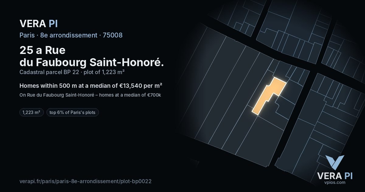25 a Rue du Faubourg Saint-Honoré, 8e arrondissement at night – the plot lit, the parcels around coloured by the prices near them