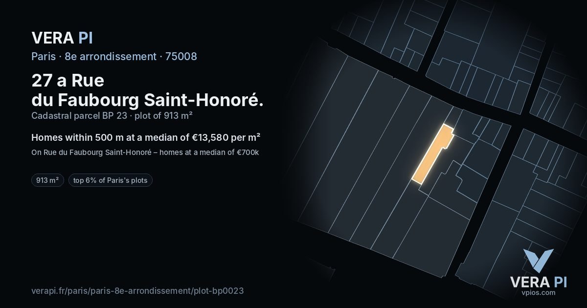 27 a Rue du Faubourg Saint-Honoré, 8e arrondissement at night – the plot lit, the parcels around coloured by the prices near them