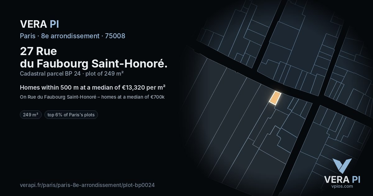 27 Rue du Faubourg Saint-Honoré, 8e arrondissement at night – the plot lit, the parcels around coloured by the prices near them