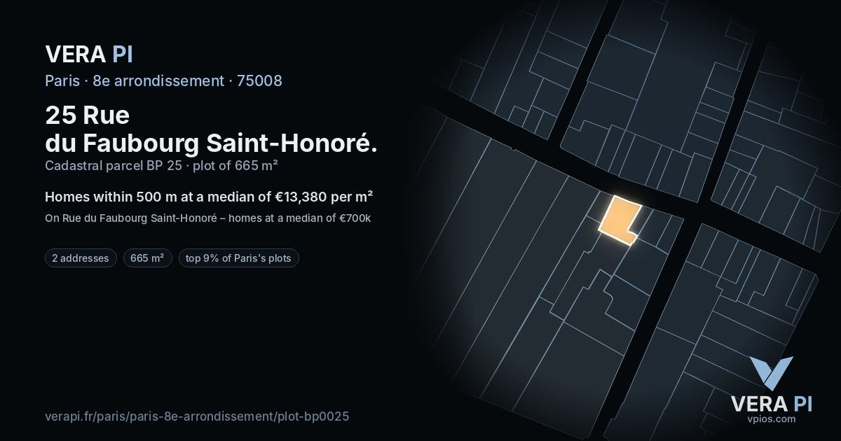 25 Rue du Faubourg Saint-Honoré, 8e arrondissement at night – the plot lit, the parcels around coloured by the prices near them