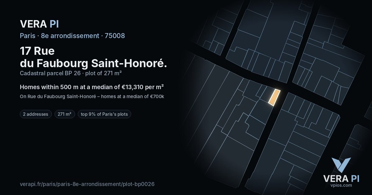 17 Rue du Faubourg Saint-Honoré, 8e arrondissement at night – the plot lit, the parcels around coloured by the prices near them