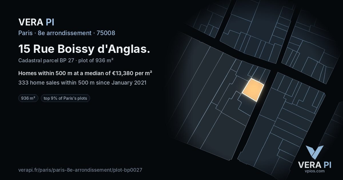 15 Rue Boissy d'Anglas, 8e arrondissement at night – the plot lit, the parcels around coloured by the prices near them