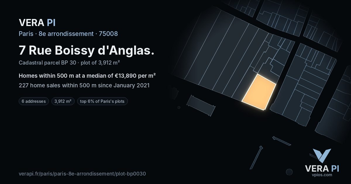 7 Rue Boissy d'Anglas, 8e arrondissement at night – the plot lit, the parcels around coloured by the prices near them