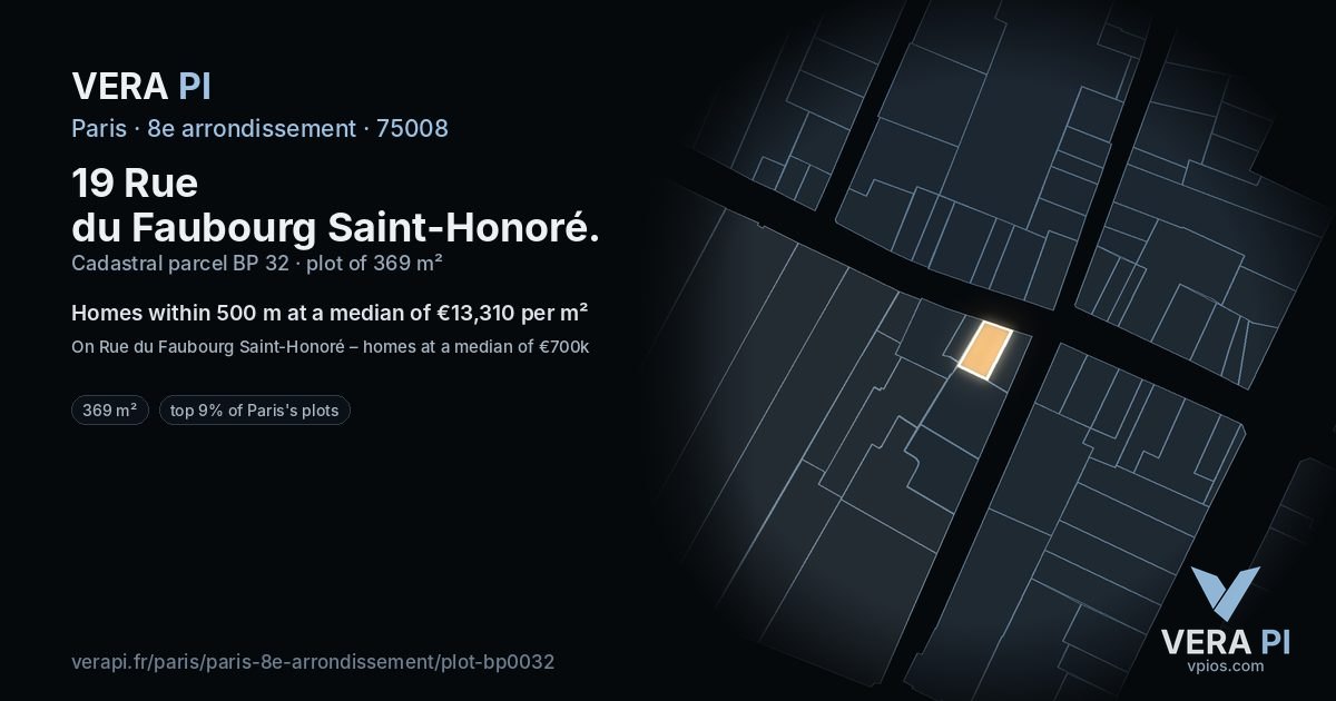 19 Rue du Faubourg Saint-Honoré, 8e arrondissement at night – the plot lit, the parcels around coloured by the prices near them