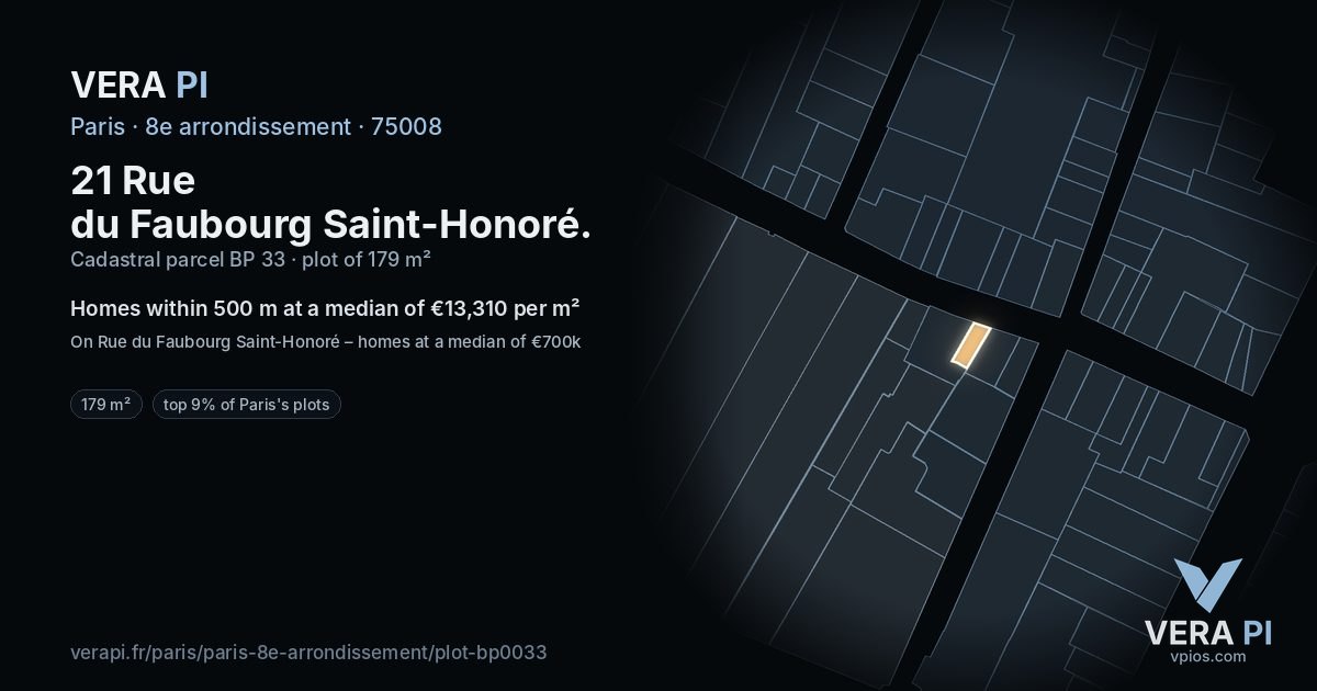 21 Rue du Faubourg Saint-Honoré, 8e arrondissement at night – the plot lit, the parcels around coloured by the prices near them