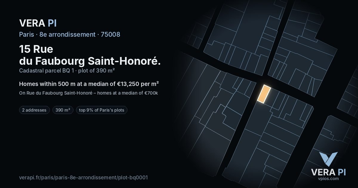 15 Rue du Faubourg Saint-Honoré, 8e arrondissement at night – the plot lit, the parcels around coloured by the prices near them