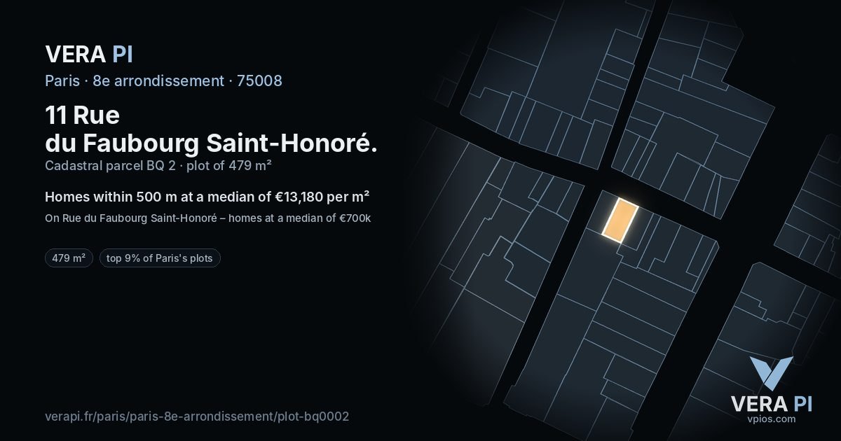 11 Rue du Faubourg Saint-Honoré, 8e arrondissement at night – the plot lit, the parcels around coloured by the prices near them