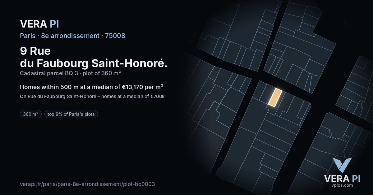 9 Rue du Faubourg Saint-Honoré, 8e arrondissement at night – the plot lit, the parcels around coloured by the prices near them