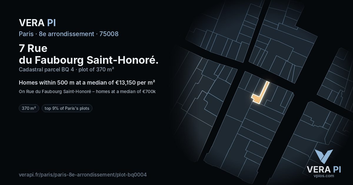 7 Rue du Faubourg Saint-Honoré, 8e arrondissement at night – the plot lit, the parcels around coloured by the prices near them