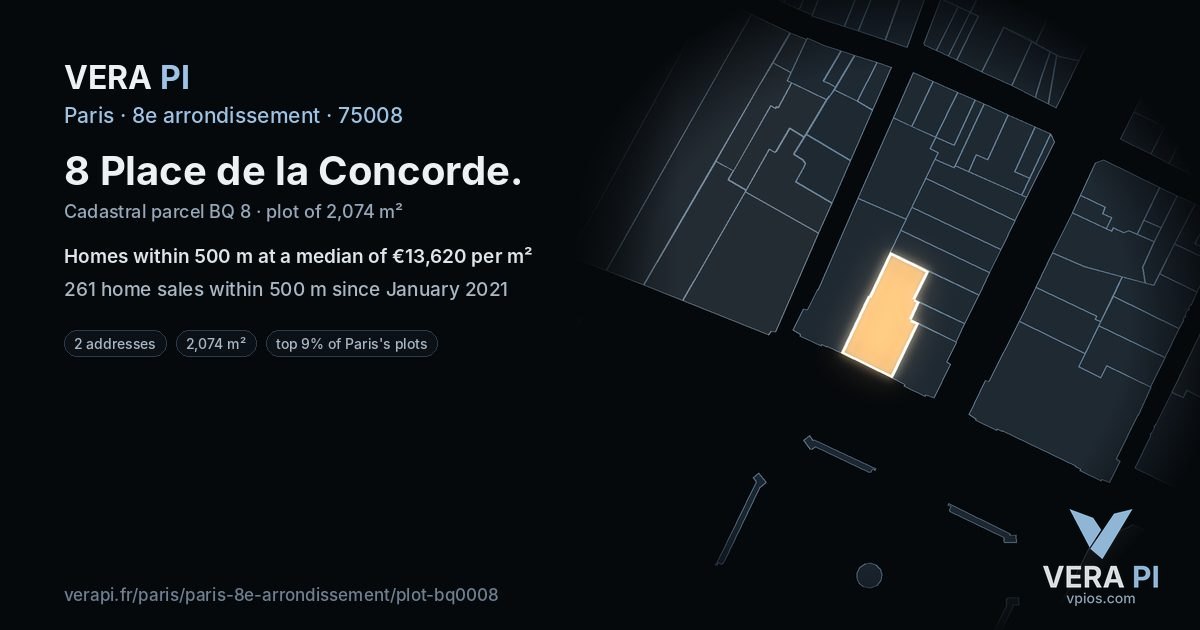 8 Place de la Concorde, 8e arrondissement at night – the plot lit, the parcels around coloured by the prices near them