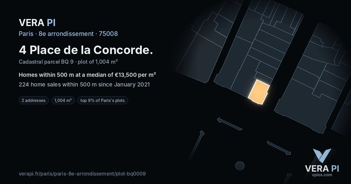 4 Place de la Concorde, 8e arrondissement at night – the plot lit, the parcels around coloured by the prices near them