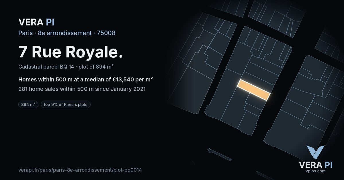 7 Rue Royale, 8e arrondissement at night – the plot lit, the parcels around coloured by the prices near them