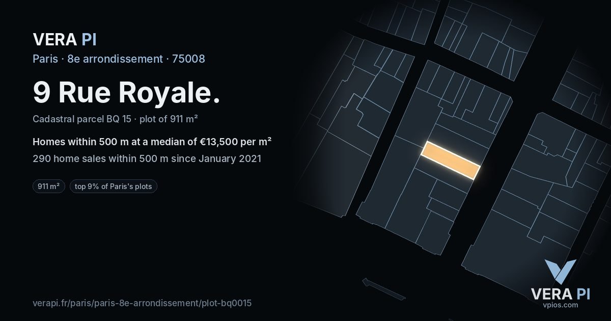 9 Rue Royale, 8e arrondissement at night – the plot lit, the parcels around coloured by the prices near them