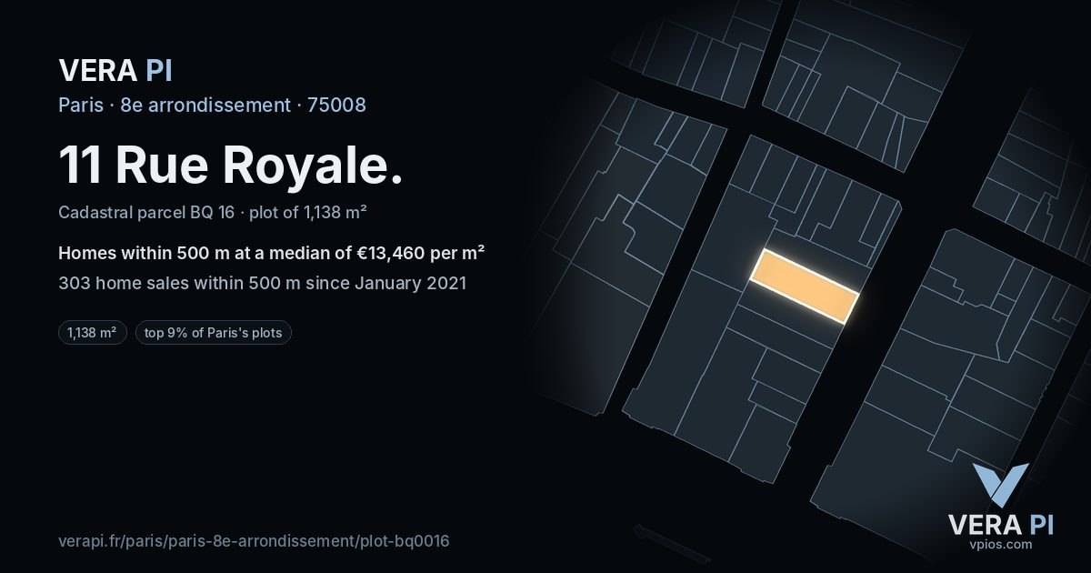 11 Rue Royale, 8e arrondissement at night – the plot lit, the parcels around coloured by the prices near them