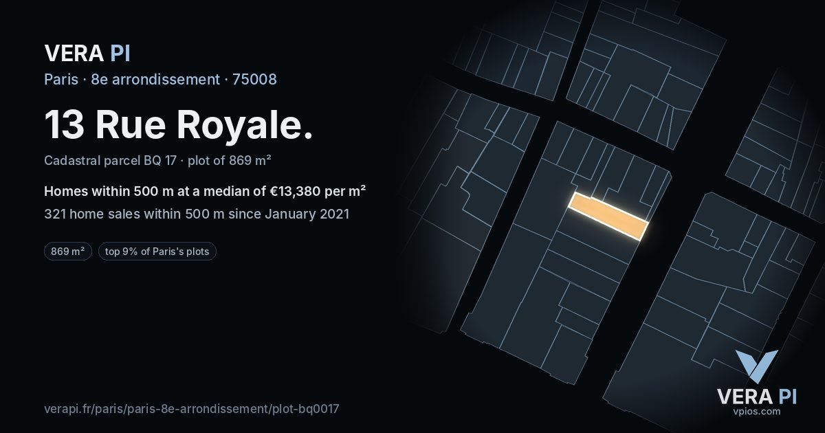 13 Rue Royale, 8e arrondissement at night – the plot lit, the parcels around coloured by the prices near them