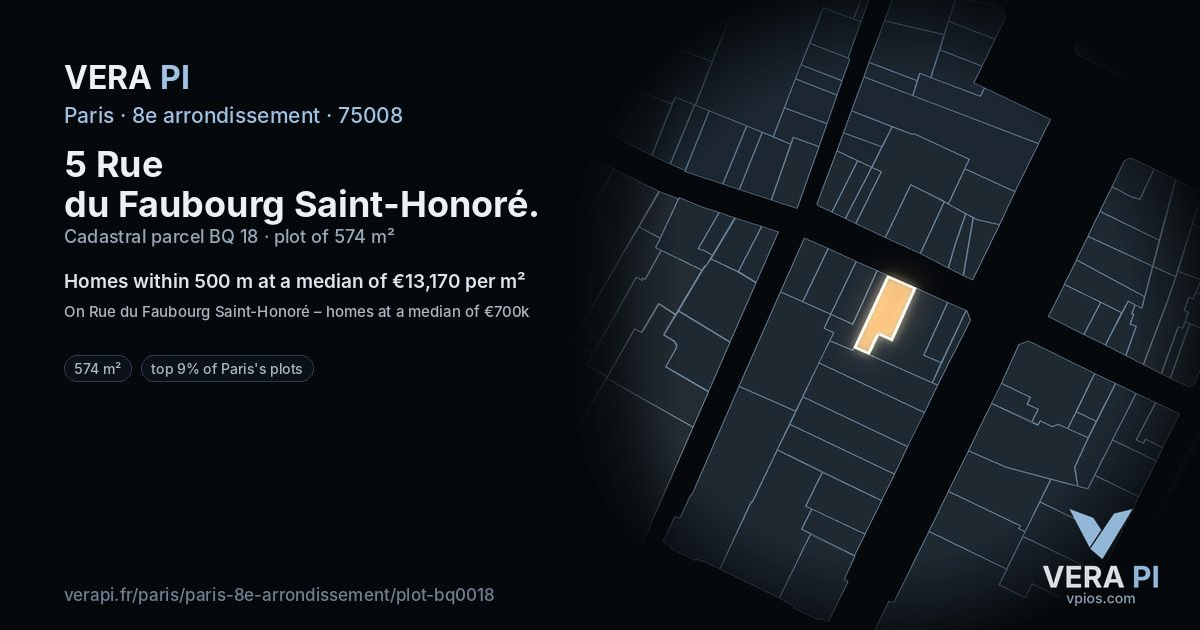 5 Rue du Faubourg Saint-Honoré, 8e arrondissement at night – the plot lit, the parcels around coloured by the prices near them