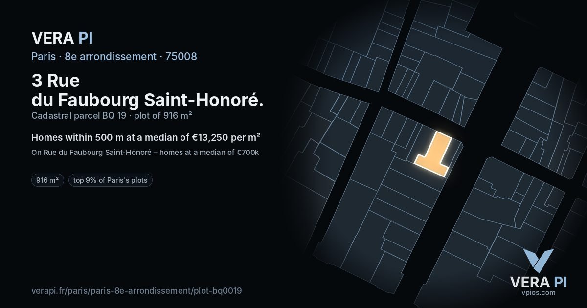 3 Rue du Faubourg Saint-Honoré, 8e arrondissement at night – the plot lit, the parcels around coloured by the prices near them