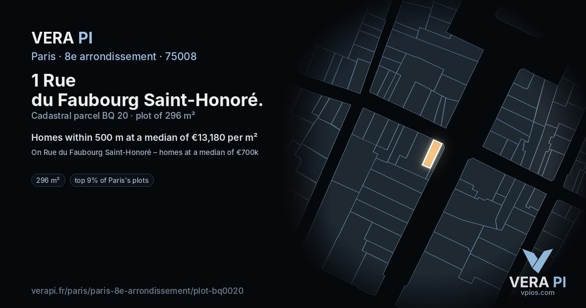 1 Rue du Faubourg Saint-Honoré, 8e arrondissement at night – the plot lit, the parcels around coloured by the prices near them
