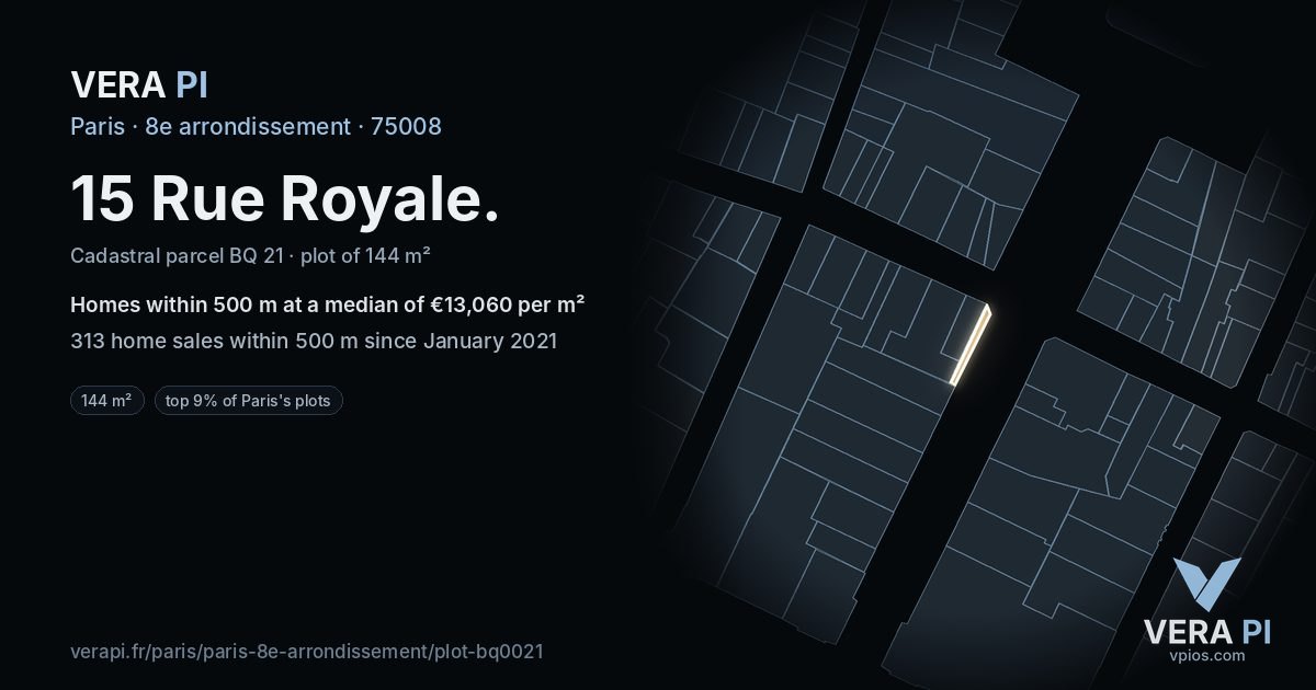 15 Rue Royale, 8e arrondissement at night – the plot lit, the parcels around coloured by the prices near them