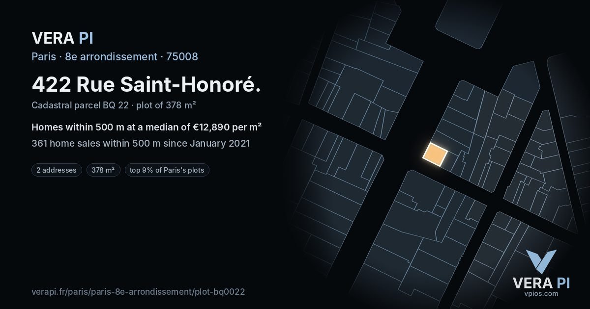 422 Rue Saint-Honoré, 8e arrondissement at night – the plot lit, the parcels around coloured by the prices near them