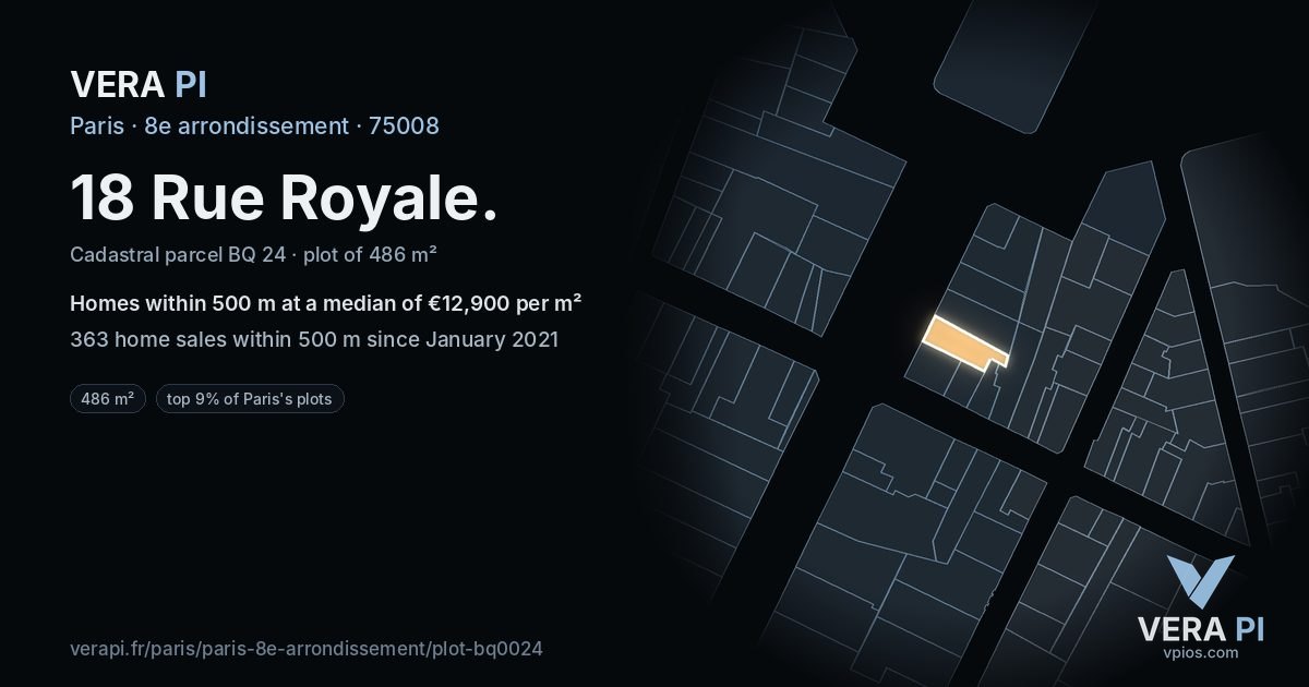 18 Rue Royale, 8e arrondissement at night – the plot lit, the parcels around coloured by the prices near them