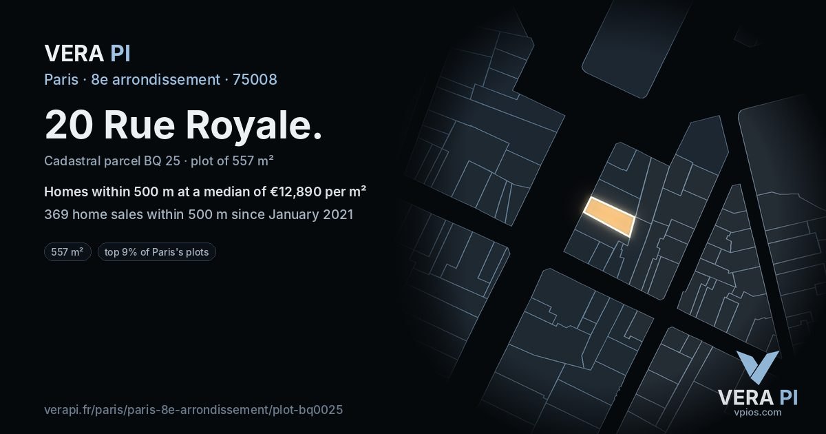 20 Rue Royale, 8e arrondissement at night – the plot lit, the parcels around coloured by the prices near them