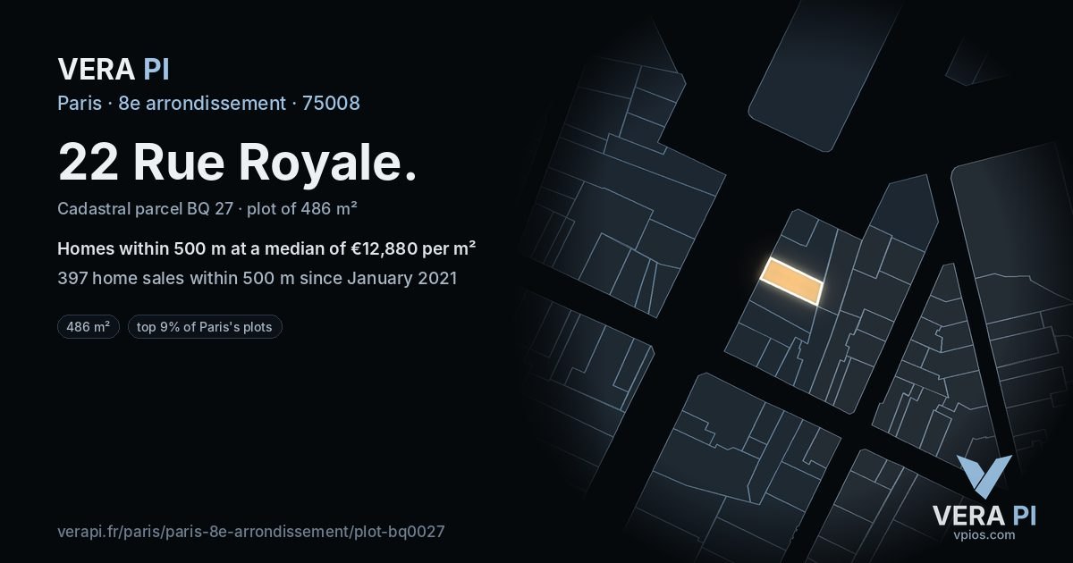 22 Rue Royale, 8e arrondissement at night – the plot lit, the parcels around coloured by the prices near them