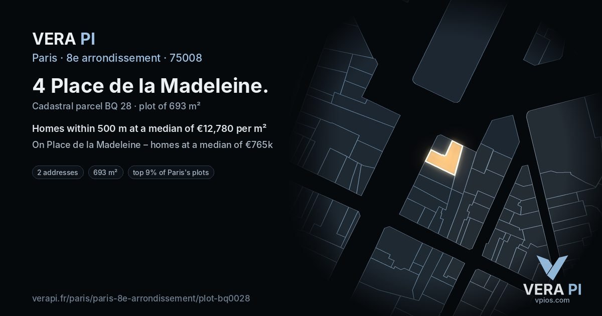4 Place de la Madeleine, 8e arrondissement at night – the plot lit, the parcels around coloured by the prices near them