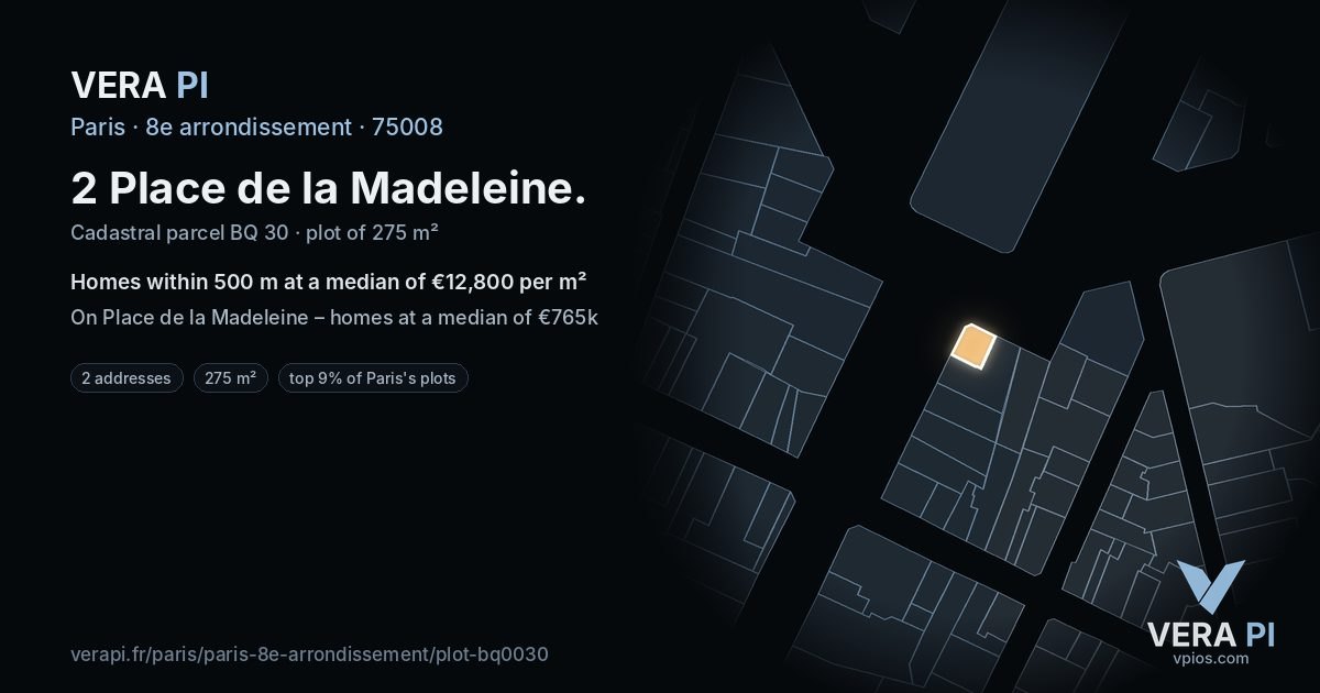 2 Place de la Madeleine, 8e arrondissement at night – the plot lit, the parcels around coloured by the prices near them