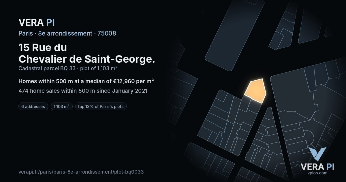 15 Rue du Chevalier de Saint-George, 8e arrondissement at night – the plot lit, the parcels around coloured by the prices near them