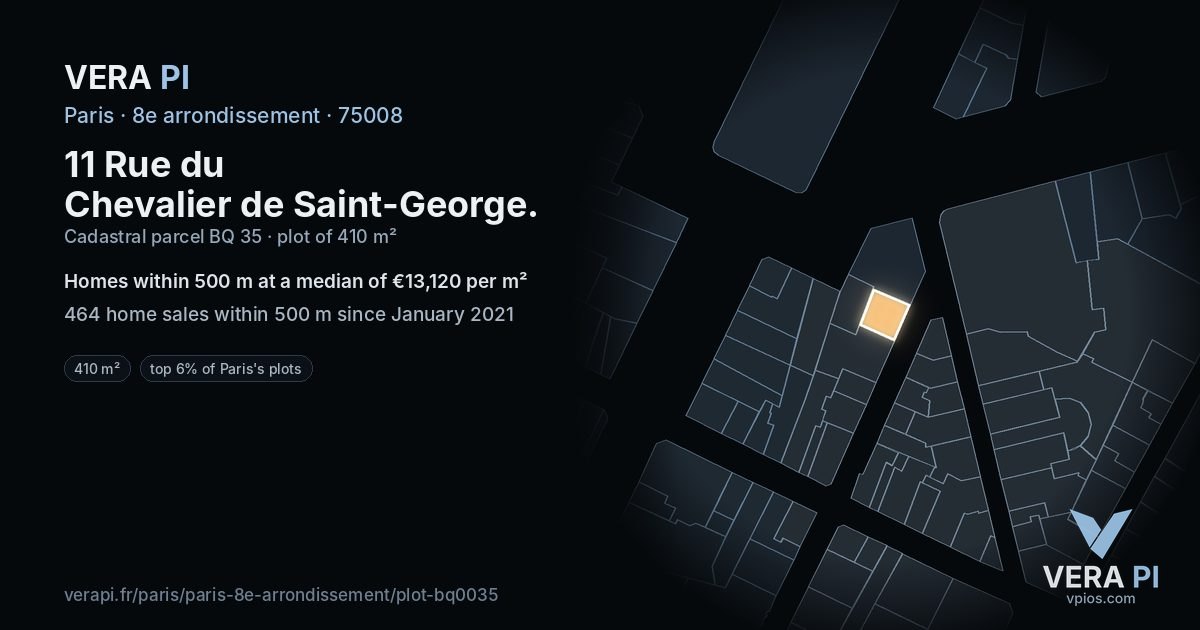 11 Rue du Chevalier de Saint-George, 8e arrondissement at night – the plot lit, the parcels around coloured by the prices near them
