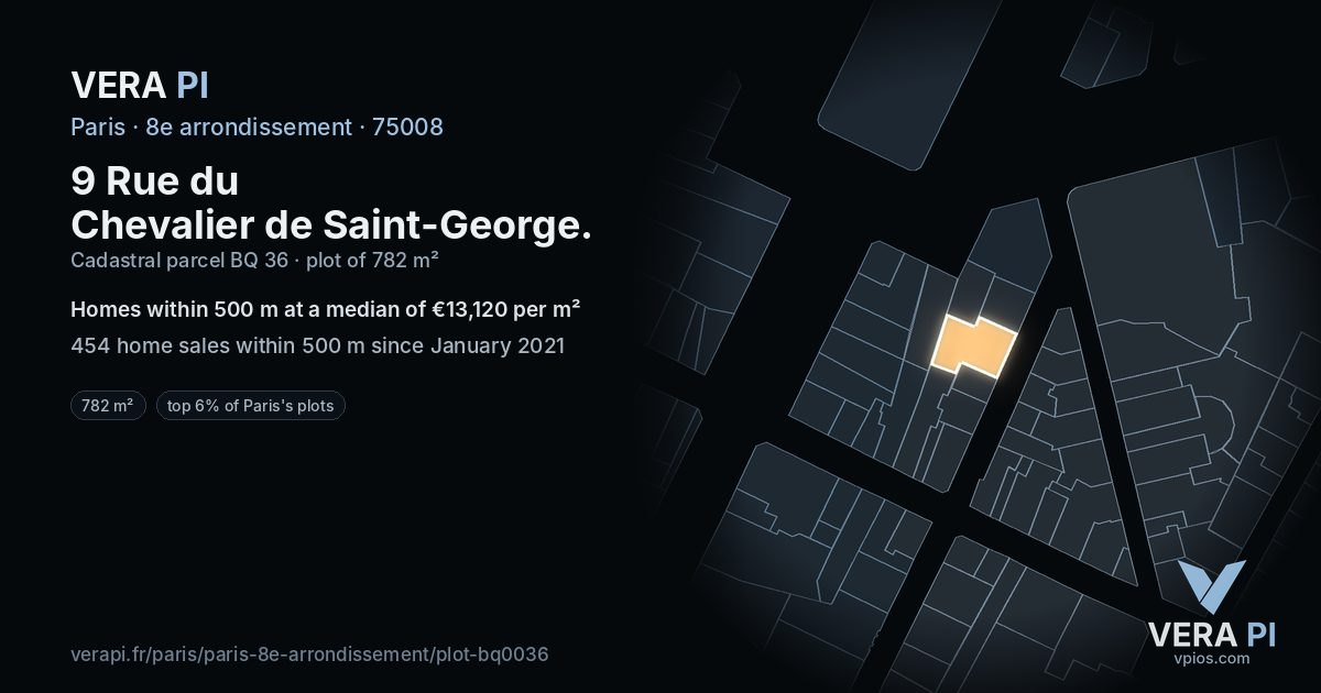 9 Rue du Chevalier de Saint-George, 8e arrondissement at night – the plot lit, the parcels around coloured by the prices near them