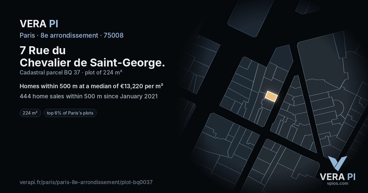 7 Rue du Chevalier de Saint-George, 8e arrondissement at night – the plot lit, the parcels around coloured by the prices near them
