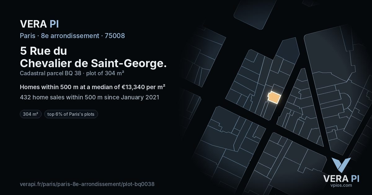 5 Rue du Chevalier de Saint-George, 8e arrondissement at night – the plot lit, the parcels around coloured by the prices near them