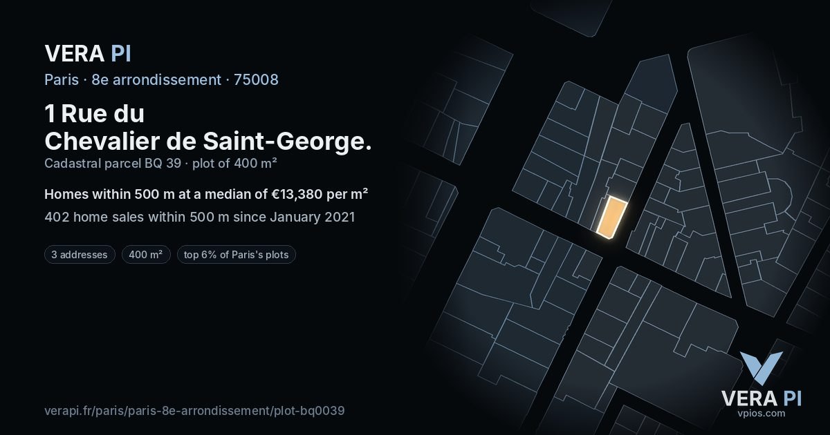 1 Rue du Chevalier de Saint-George, 8e arrondissement at night – the plot lit, the parcels around coloured by the prices near them