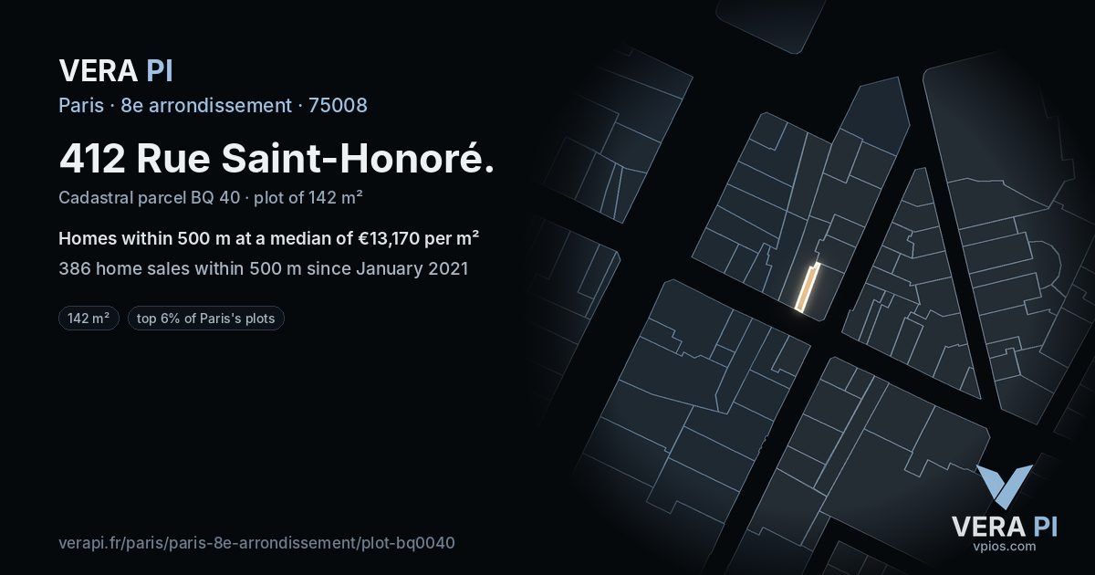 412 Rue Saint-Honoré, 8e arrondissement at night – the plot lit, the parcels around coloured by the prices near them