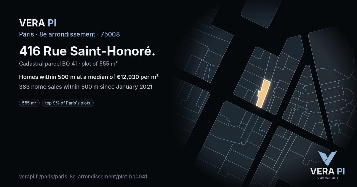 416 Rue Saint-Honoré, 8e arrondissement at night – the plot lit, the parcels around coloured by the prices near them